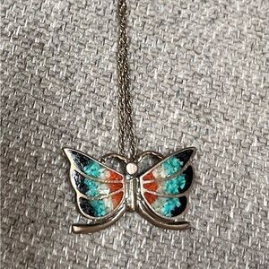 Vintage turquoise & silver butterfly necklace